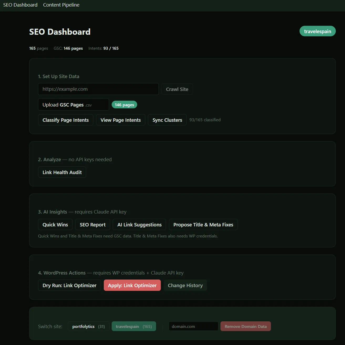 SEO Dashboard -hallintapaneeli: sivuston crawl, GSC-datan tuonti, hakuintentioluokittelu, AI-analyysit ja WordPress-integraatio