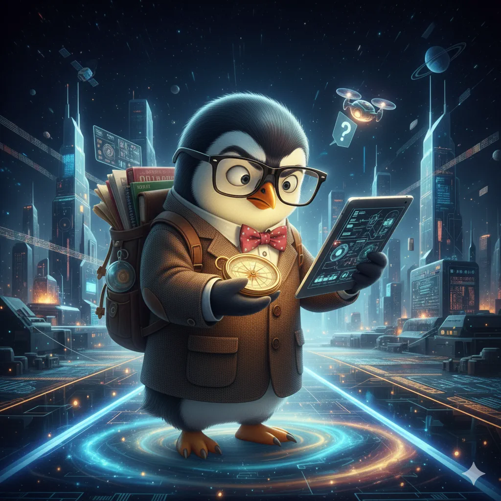 Tech Career Compass -sovelluksen pingviinimaskotti kompassin ja tabletin kanssa futuristisessa kaupungissa